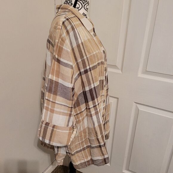 Liz & Me plaid Linen Cotton blend‎ button up shirt - Picture 2 of 5